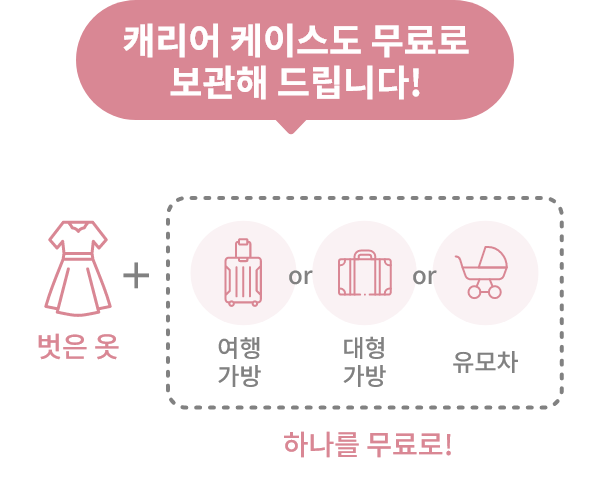 캐리어 케이스도 무료로 보관해 드립니다! = 벗은 옷 + 하나를 무료로!(여행 가방 or 대형 가방 or 유모차)